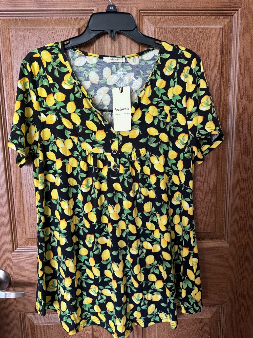 Bebonnie Black Lemon Print Short Sleeve Women's Top